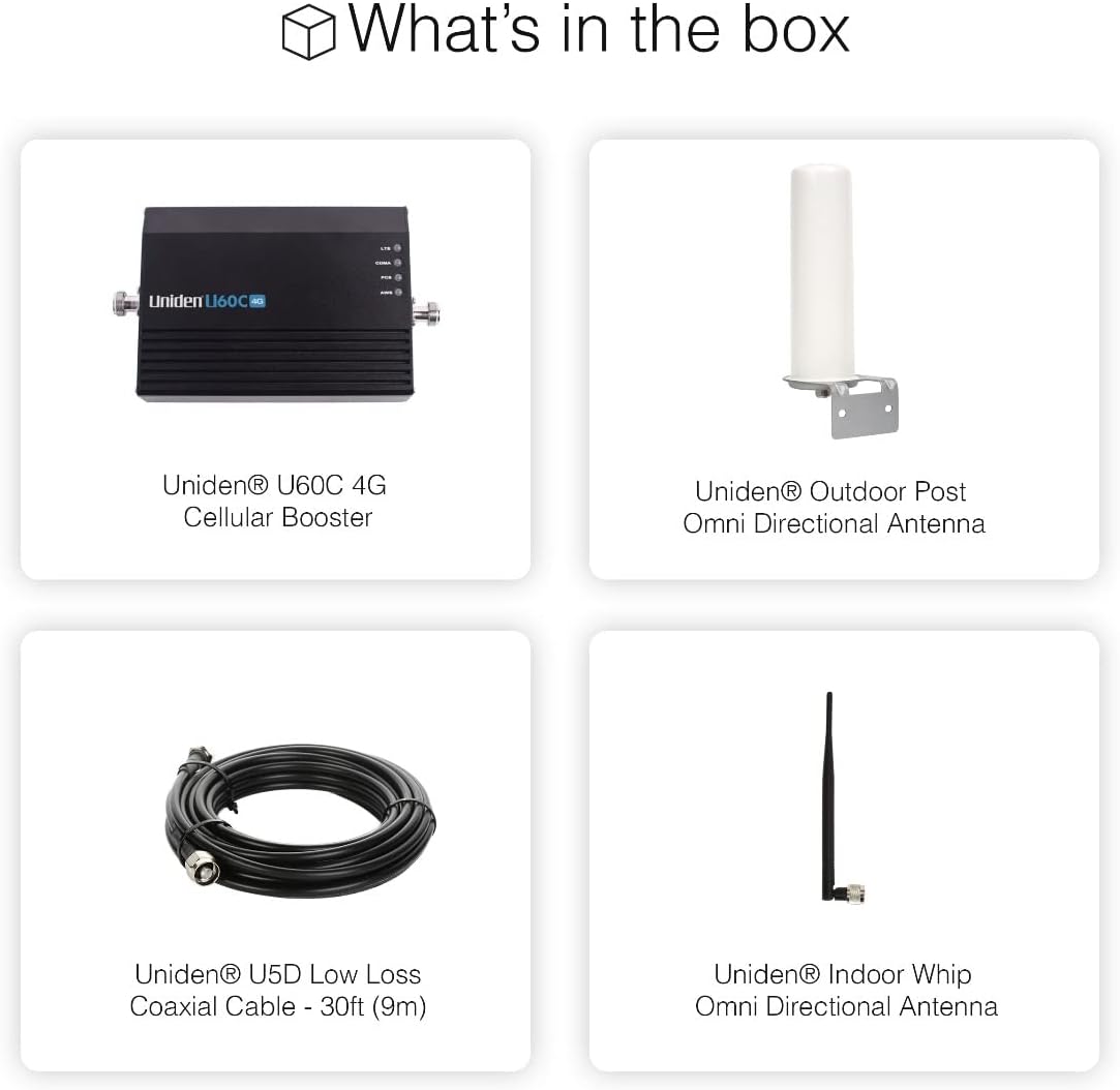 Uniden U60C Cell Phone Signal Booster | Omni/Whip Antenna - 50 Ohm| Boosts 3G/4G/LTE | 5G Ready | Up to 1,500 sq ft | for All US Carriers - Verizon, AT&T, T-Mobile & More |FCC Approved