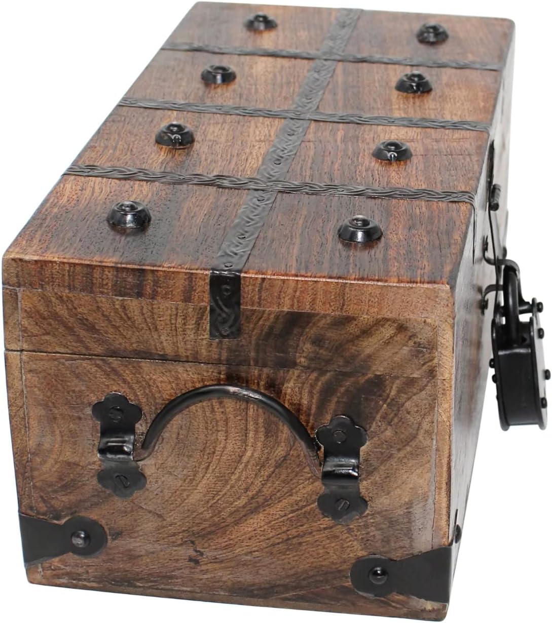 Nautical Cove Treasure Chest Wooden Box with Antique Iron Lock and Skeleton Key - Storage and Decor (Medium 12.25 x 6 x 5.5) Pack of 2