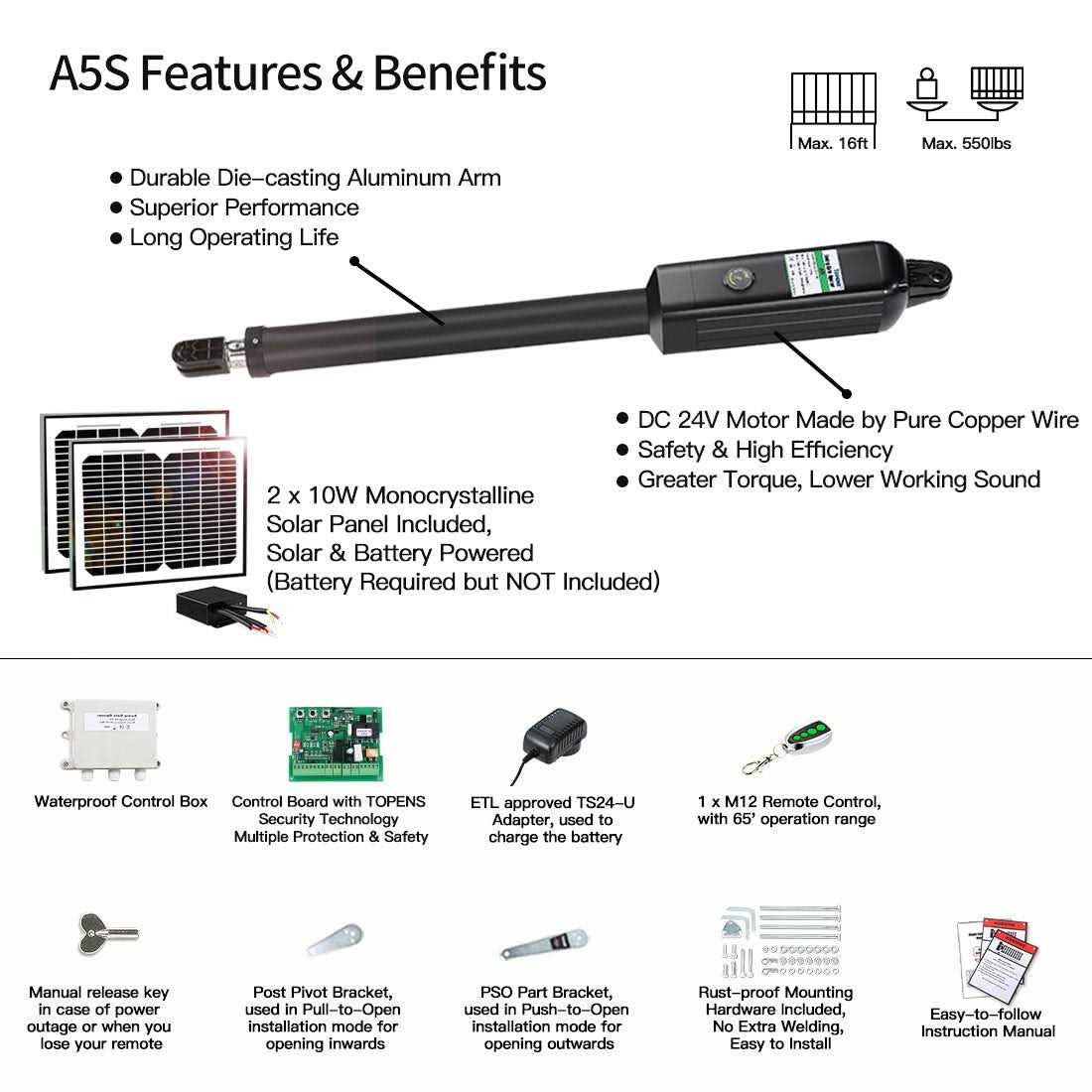 TOPENS A5S Automatic Solar Gate Opener for Medium Duty Single Swing Gates Up to 16ft - Shop Hardware Tools Online Store
