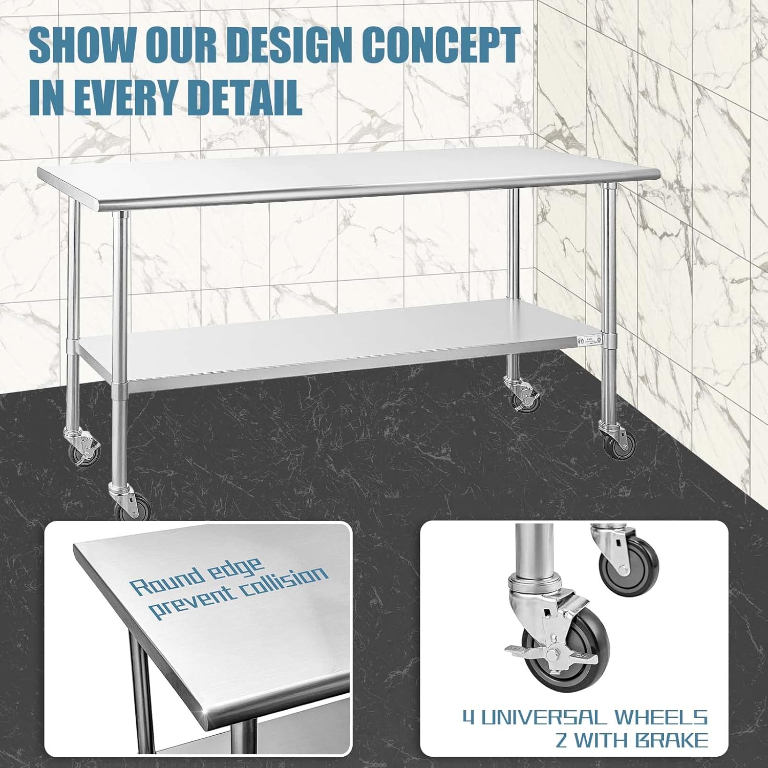 Hally Stainless Steel Table for Prep & Work 24 x 36 Inches with Caster Wheels, NSF Commercial Heavy Duty Table with Undershelf and Galvanized Legs for Restaurant, Home and Hotel