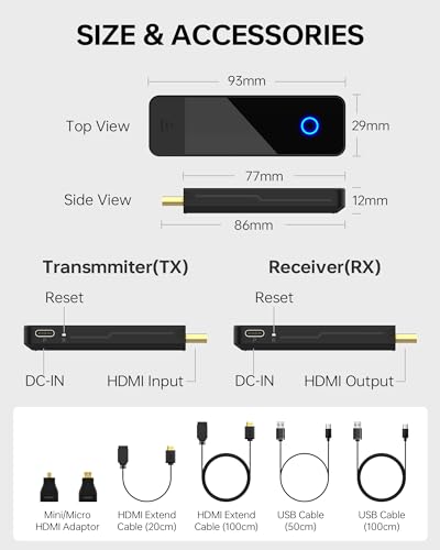 Wireless HDMI Transmitter and Receiver, 1080P 60HZ(Not for 1080i), 98FT, Dual-Band Wi-Fi, 1 TX to 4 RXS, 0.1s Latency, Streaming PC/PS4/Camera/Laptop to TV/Projector/Monitor