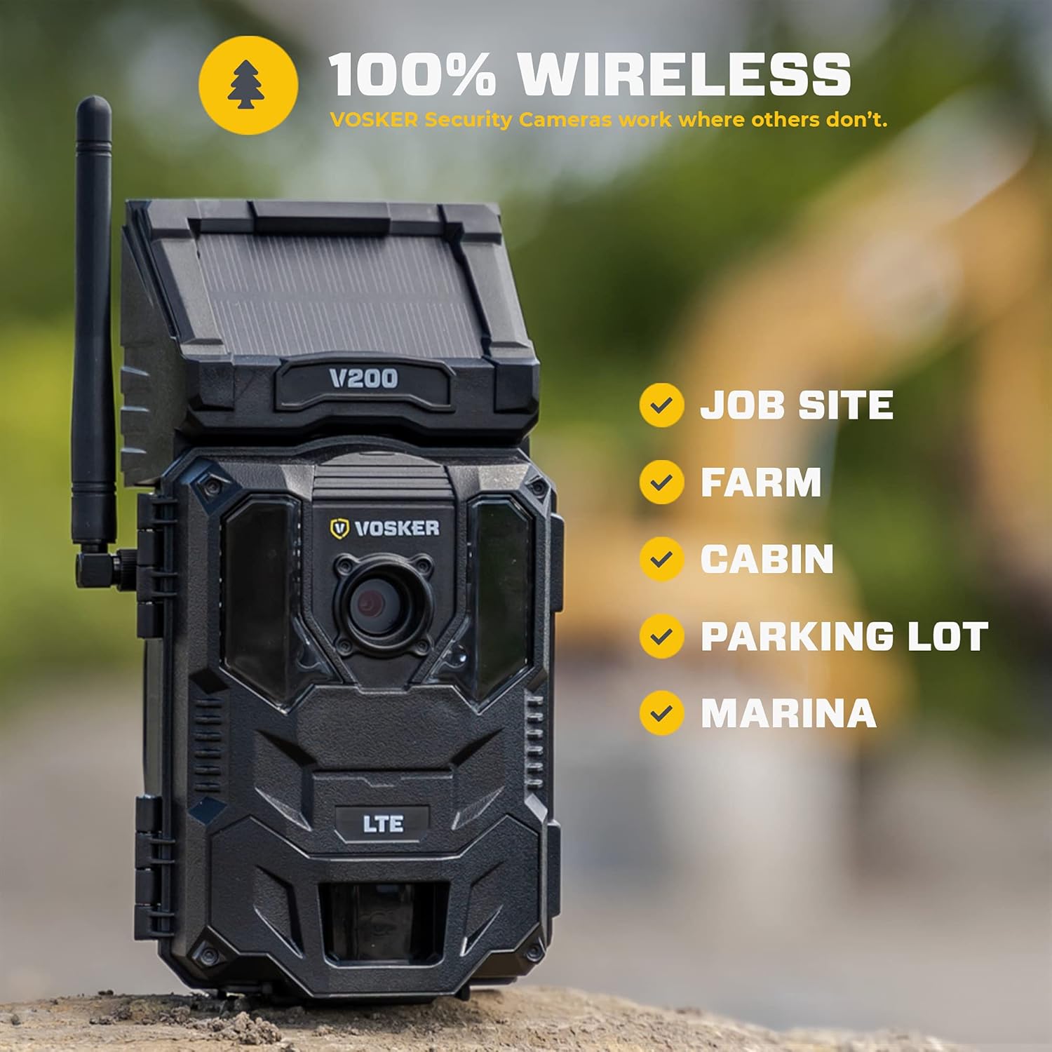 Vosker V200 | Cellular Security Camera | Security Pack | Mobile Phone Photo Notifications | LTE Wireless Built-in Solar Panel | Weatherproof, No Wi-Fi Required | HD Surveillance Cameras