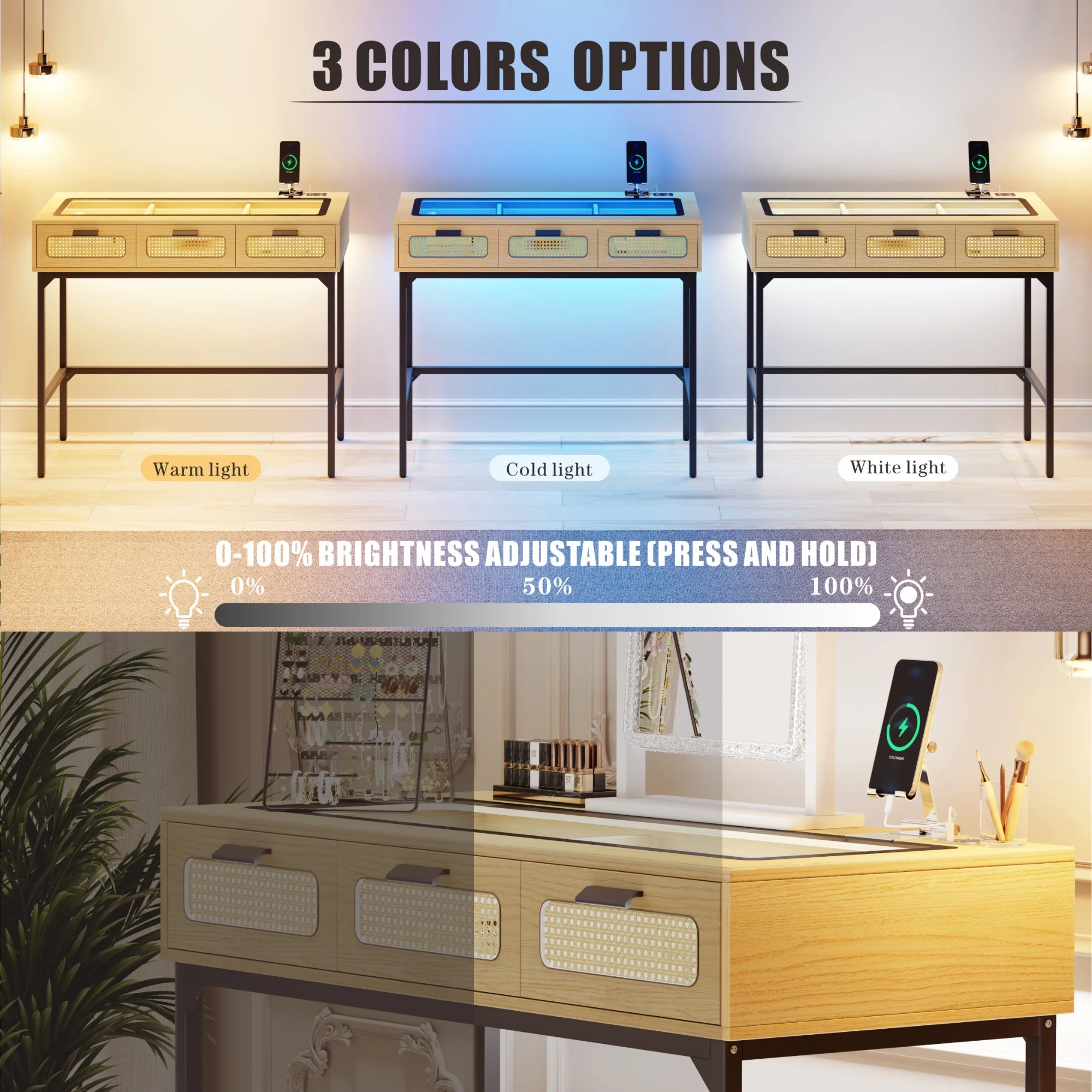 FREDEES Makeup Vanity Desk with 3 Color LED Lights & Glass Top Design & Charging Station, Wood