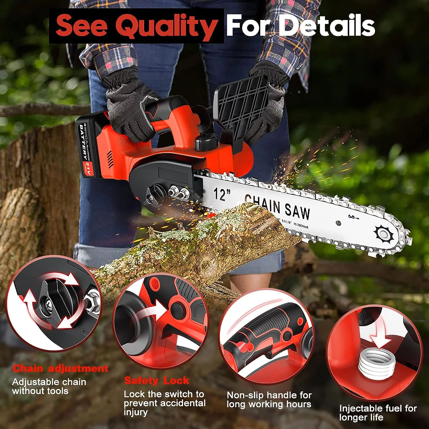 Tanbaby 12 Cordless Chainsaw, 900W Brushless Motor Battery Operated Chain Saw with 21V Rechargeable 3.0Ah Battery and Charger for Wood Cutting, Tree Trimming