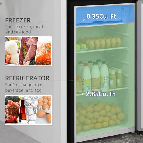 HOMCOM 3.2 Cu.Ft Mini Fridge with Freezer, Compact Refrigerator with Adjustable Thermostat, Shelf and Reversible Door for Bedroom, Dorm, Home Office, Energy Efficient