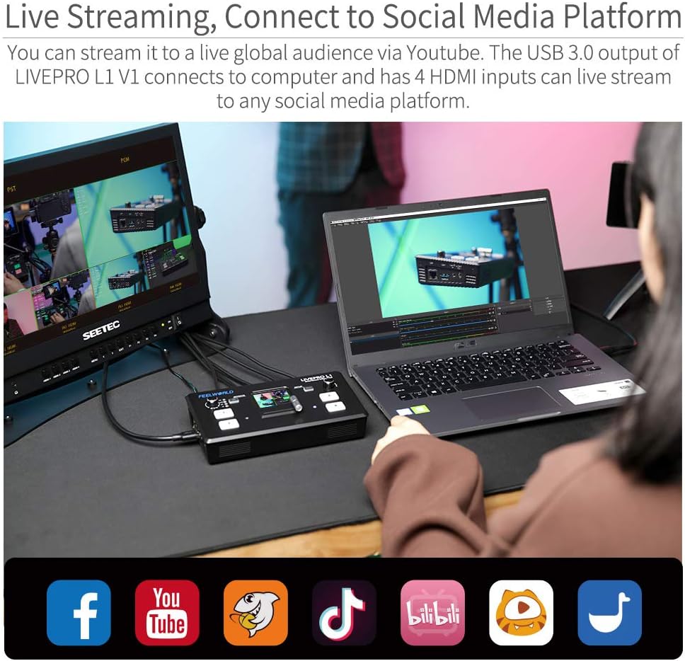 FEELWORLD LIVEPRO L1 V1 Multi Camera Video Mixer Switcher 2 Inch LCD Display 4 x HDMI Inputs USB 3.0 Output Format Real Time Production Live Streaming Lightweight