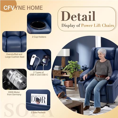 Large Power Lift Chairs Recliners for Elderly with Heated and Massage, Overstuffed Adjustable Lift Chairs, 3 Positions, Breathable Leather, USB-A and USB-C, Cup Holder, Side Pocket Dark Brown