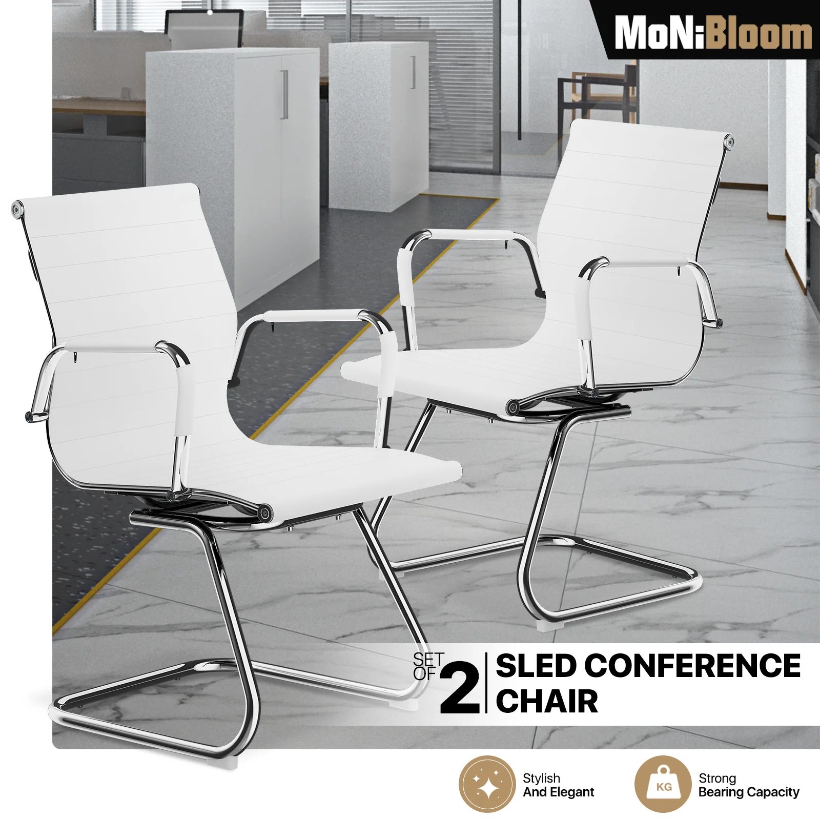 MoNiBloom Set of 2 Office Waiting Room Chairs for Reception Conference Area, Guest Seat Chairs with Removable Arm Sleeve and Sled Base, White