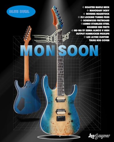 Leo Jaymz Electric Guitar Monsoon Series,Reverse Headstock,Mahogany Body,Roasted Maple Neck,Rosewood Fretboard,Locking Tuners,Rounded End Frets,AlnicoV Pickups,Fixed Bridge (Blue Flame)