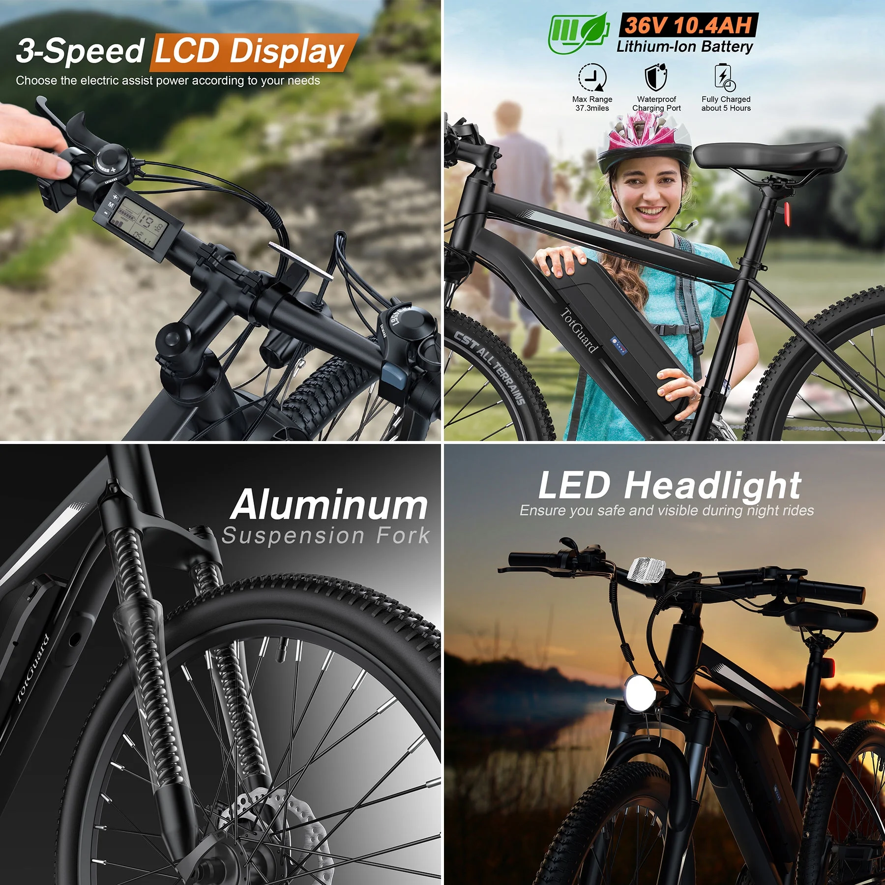 TotGuard Electric Bike, Electric Bike for Adults, 26 Ebike 350W Adult Electric Bicycles, 19.8MPH Electric Mountain Bike, 36V 374.4WH Battery, Suspension Fork, Shimano 21 Speed Gears