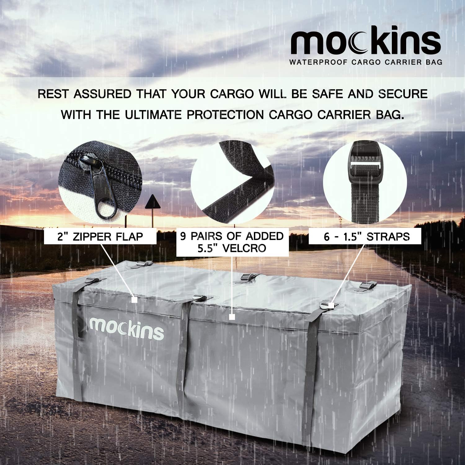 Mockins 15.5 Cu Ft Waterproof Cargo Bag for Hitch Carrier | The 57x24x19 Trailer Hitch Cargo Carrier Bag from Abrasion Resistant Vinyl | Cargo Carrier Hitch Mount Bag with Straps | Hitch Storage Bag