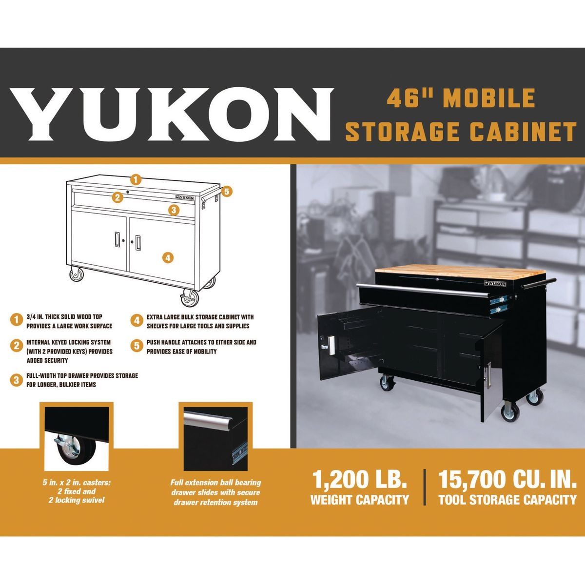 YUKON 46 in. Mobile Workbench with Solid Wood Top, Red