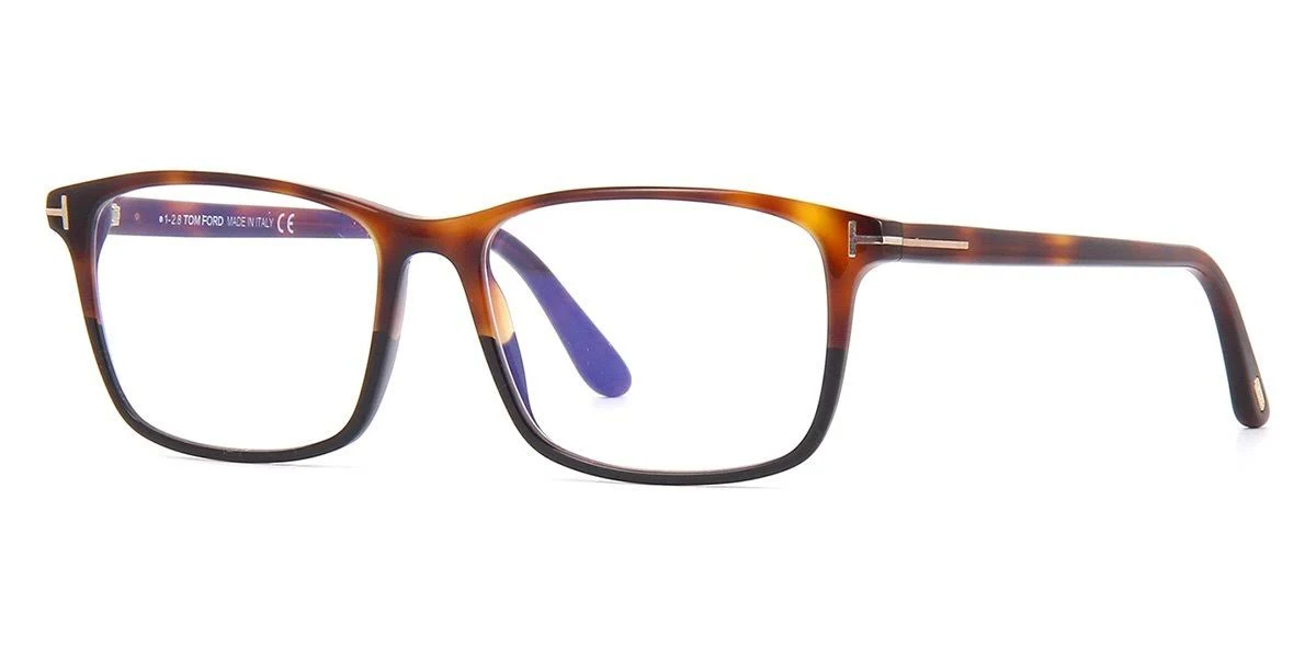Tom Ford FT5584-B Shiny Medium Havana u0026 Black, Rose Gold T Logo / Blue Block Lenses