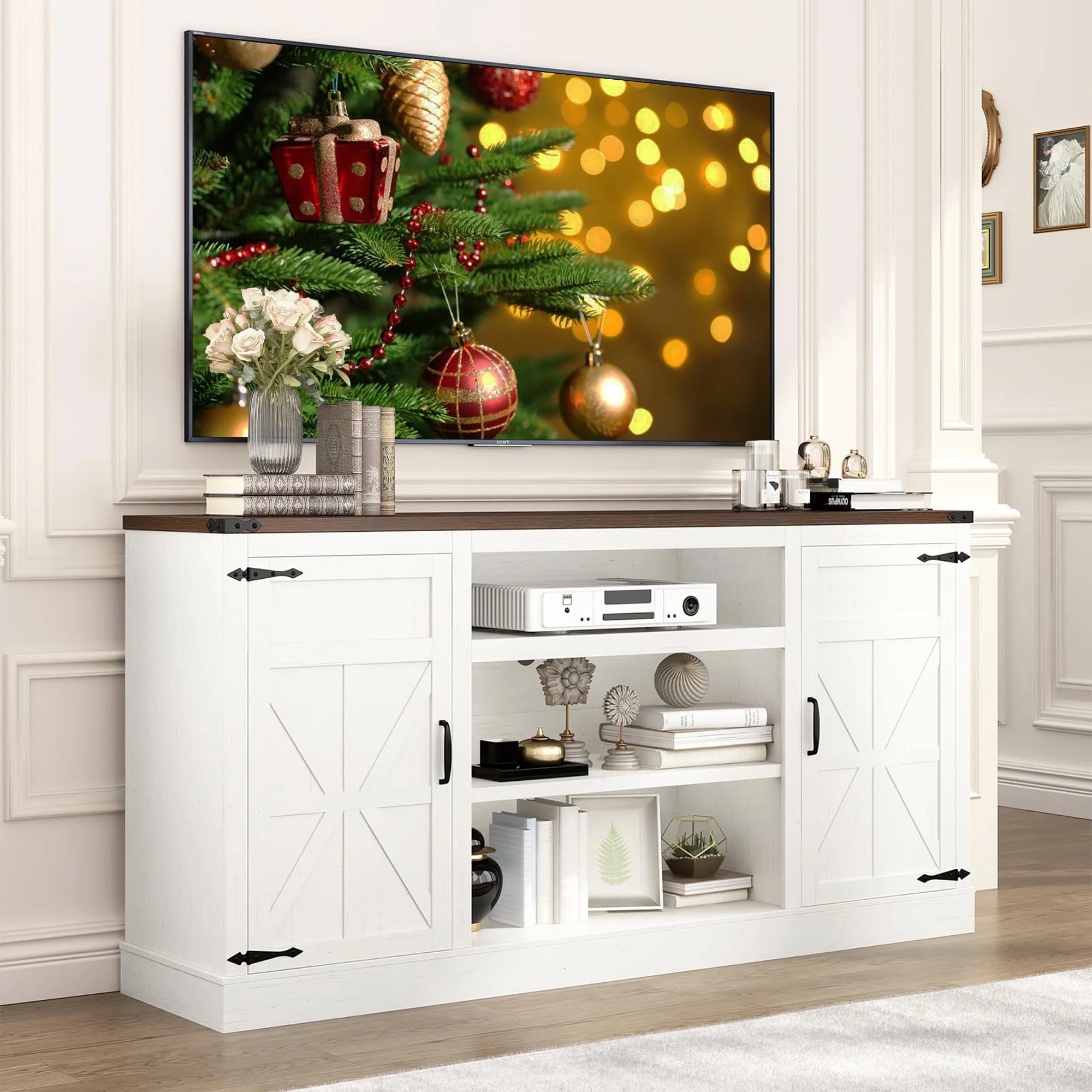 Chvans Farmhouse Barn Door TV Stand for up to 65 TVs /23 Electric Fireplace, Entertainment Center Console Table with Adjustable Shevles(58)