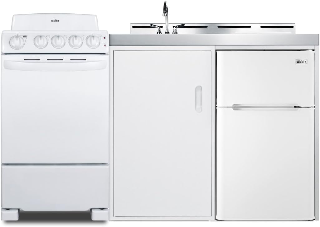 Summit Appliance ACK60COILW 60" Wide All-in-One Kitchenette with 220V 4-Element Electric Coil Range, Refrigerator-Freezer, Sink, Cutting Board and Cutlery Storage, and a Storage Cabinet