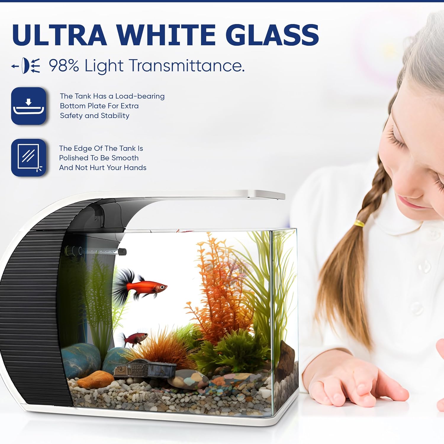 5 Gallon Fish Tanks - Arc-Shaped Glass Fish Tank w/LED Lights - Fish Tank Kit w/Adapter, Water Pump, Bag of Filter Media & More - Beautiful Aquarium Set for Office & Home - Easy Assembly Starter Kit