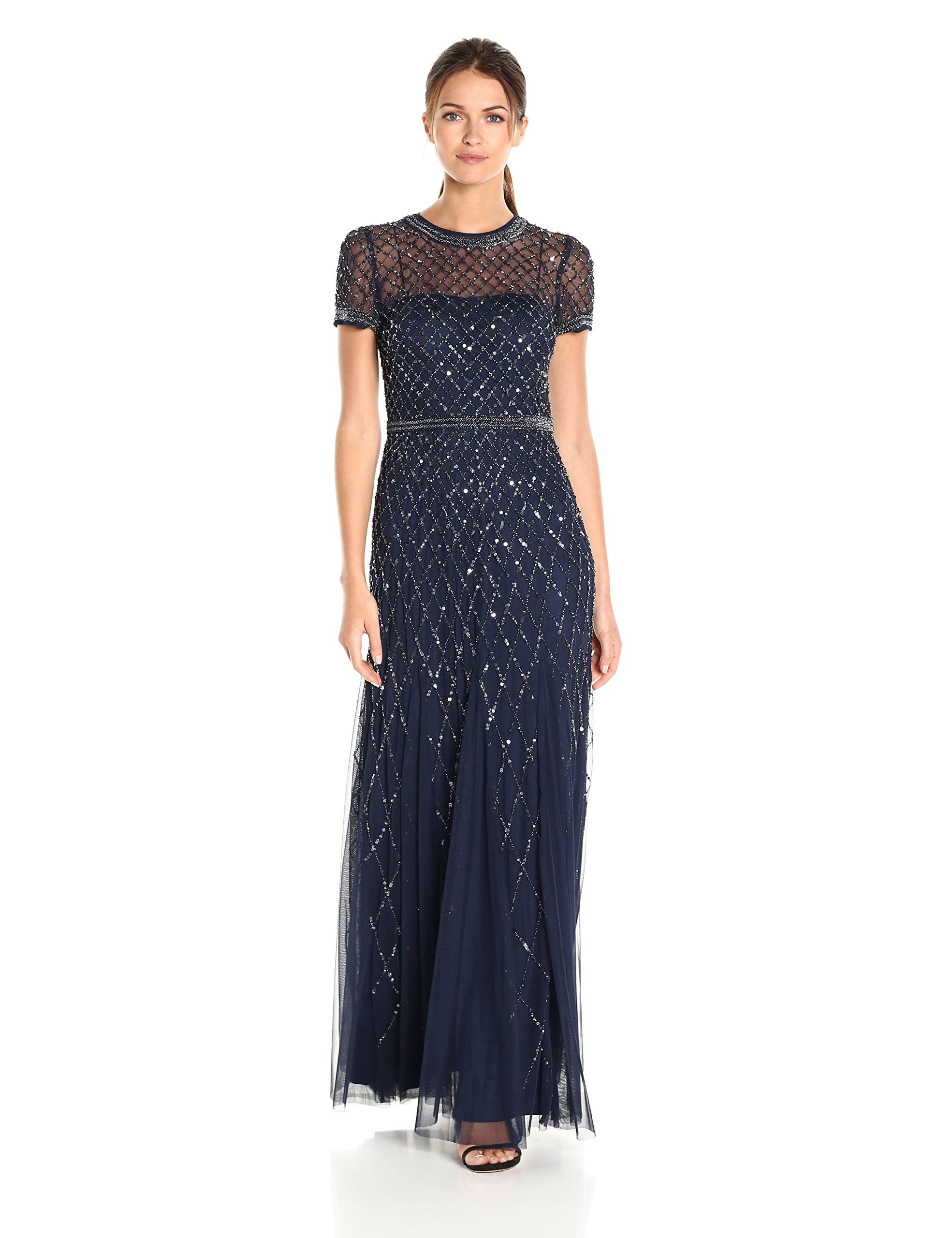 Adrianna Papell Cap Sleeve Beaded Gown, Navy, Size: 18