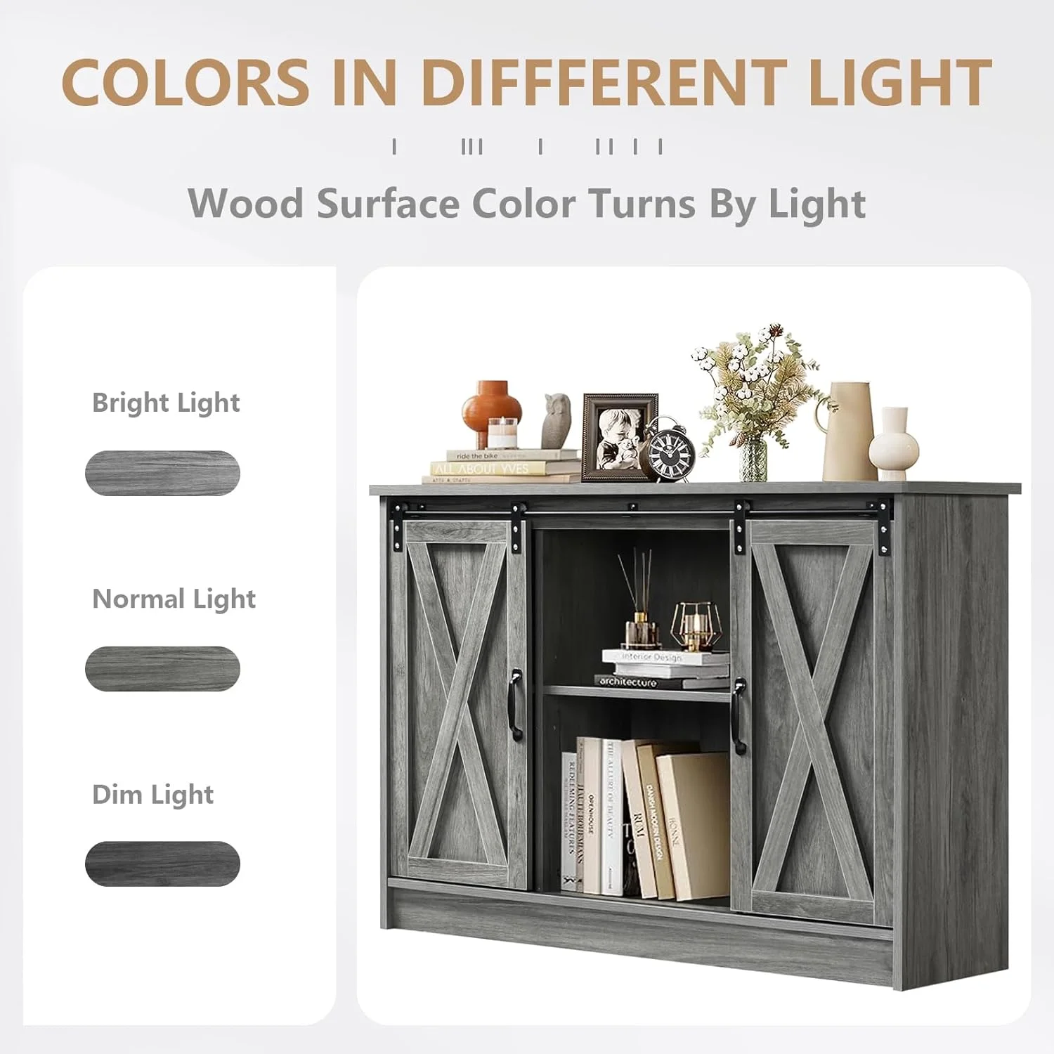 Farmhouse Coffee Bar Cabinet with Sliding Barn Doors, 42”Kitchen Buffet Sideboard Cabinet with Adjustable Shelves, Wash Gray