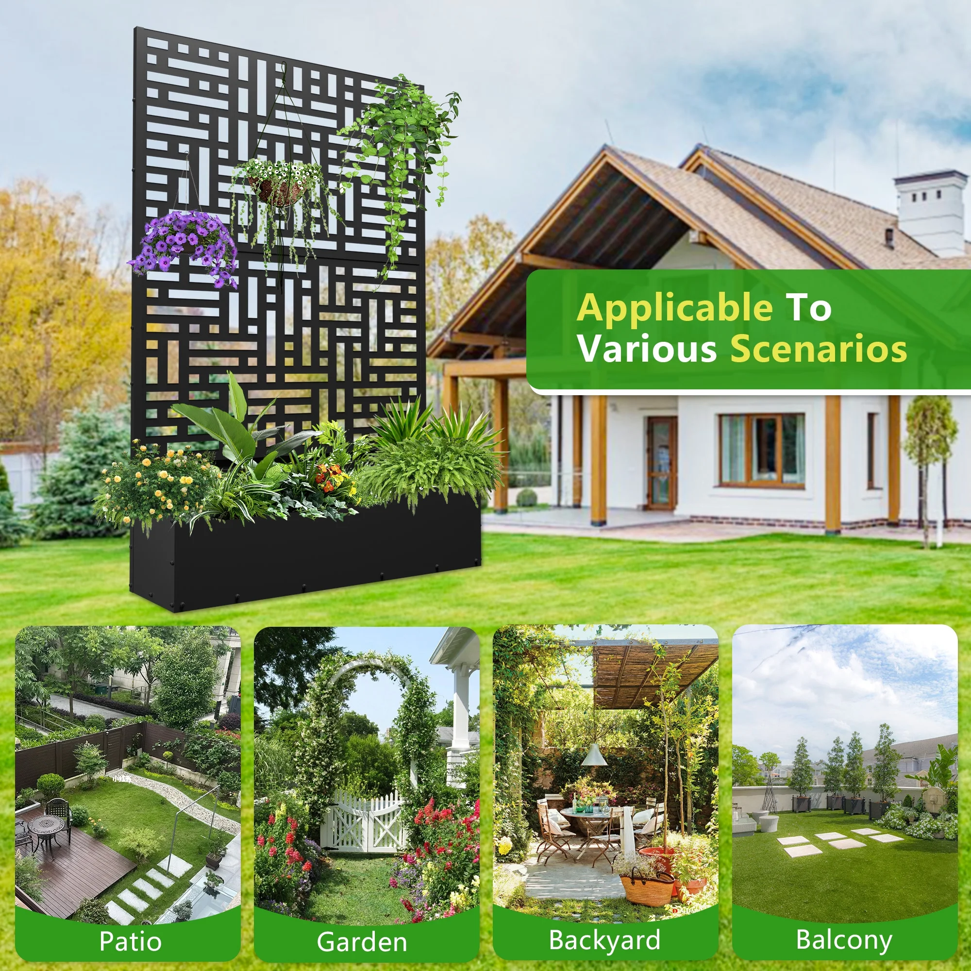 FOOWIN 71'' H Metal Planter with Trellis, Outdoor Raised Garden Bed for Climbing Plants, Trellis Planter Box with Drainage Hole, Black, 1PC