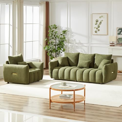2 Piece Teddy Cloud Sofa Couch Set, Modern Deep Seat 3 Seater Boucle Sofa & Single Sofa Chair, Cozy Upholstered Sherpa Living Room Furniture Set for Apartment Office, Black