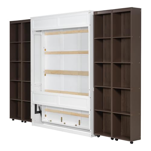 KLMM Wooden Murphy Bed Wall Bed with 2 Wardrobe and Storage Shelf,Foldable Platform Bedframe for Guest-Room Bedroom Study Office Use (White#E, Full)