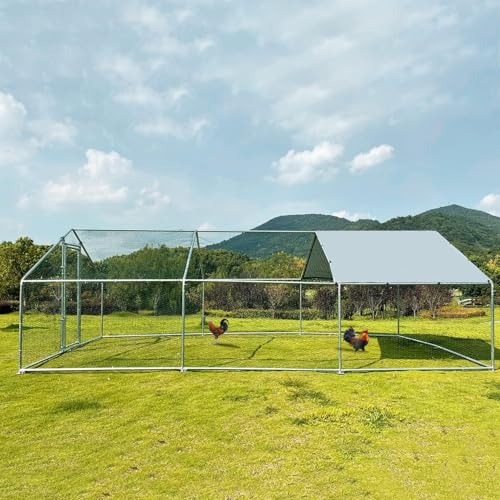 Large Metal Chicken Coop Walk-in Poultry Cage Chicken Run Pen Dog Kennel with Waterproof and Anti-Ultraviolet Cover for Outdoor Farm Use(9.8' L x 19.7' W x 6.4' H)