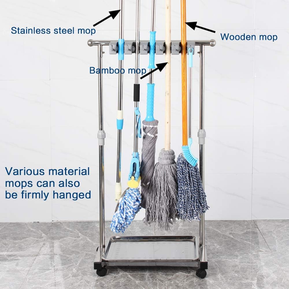 QTJH Broom And Mop Holder Put Wet Mops Movable Floor-Mounted Mop Rack Floor Standing Cleaning Tool Cart Storage For Garden Garage Schools, Hospitals, Factories, Hotels,Property Companies