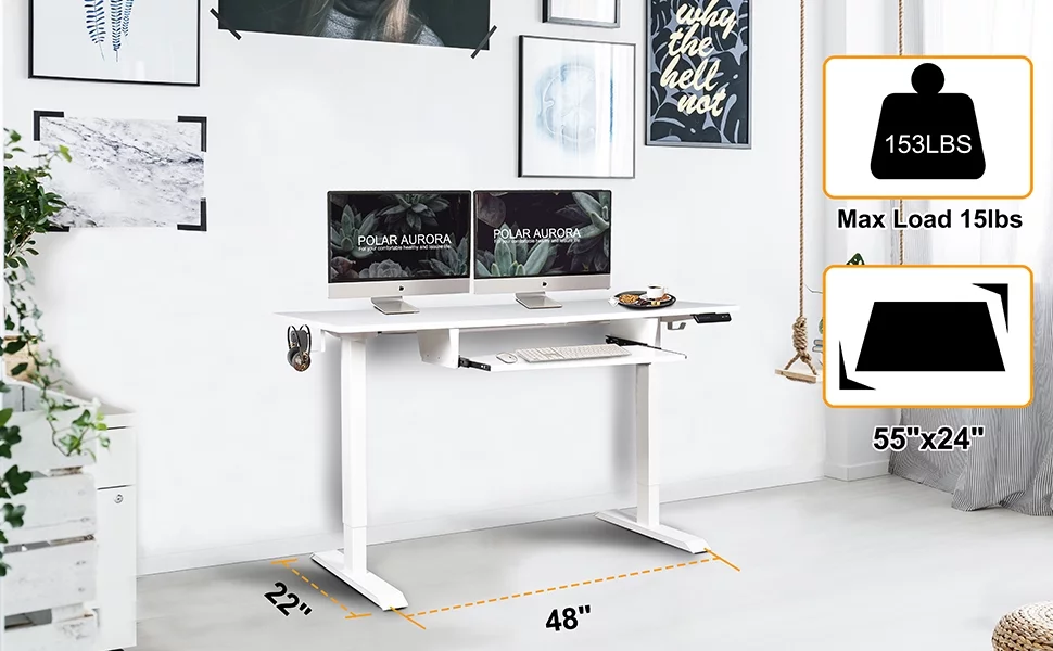 48"x24" Home Office Electric Height Adjustable Standing Desk Sit Stand Computer Workstation w/Drawers, Hook, Memory Preset, T-Shaped Metal Bracket, Splice Board, Black, Rustic Brown