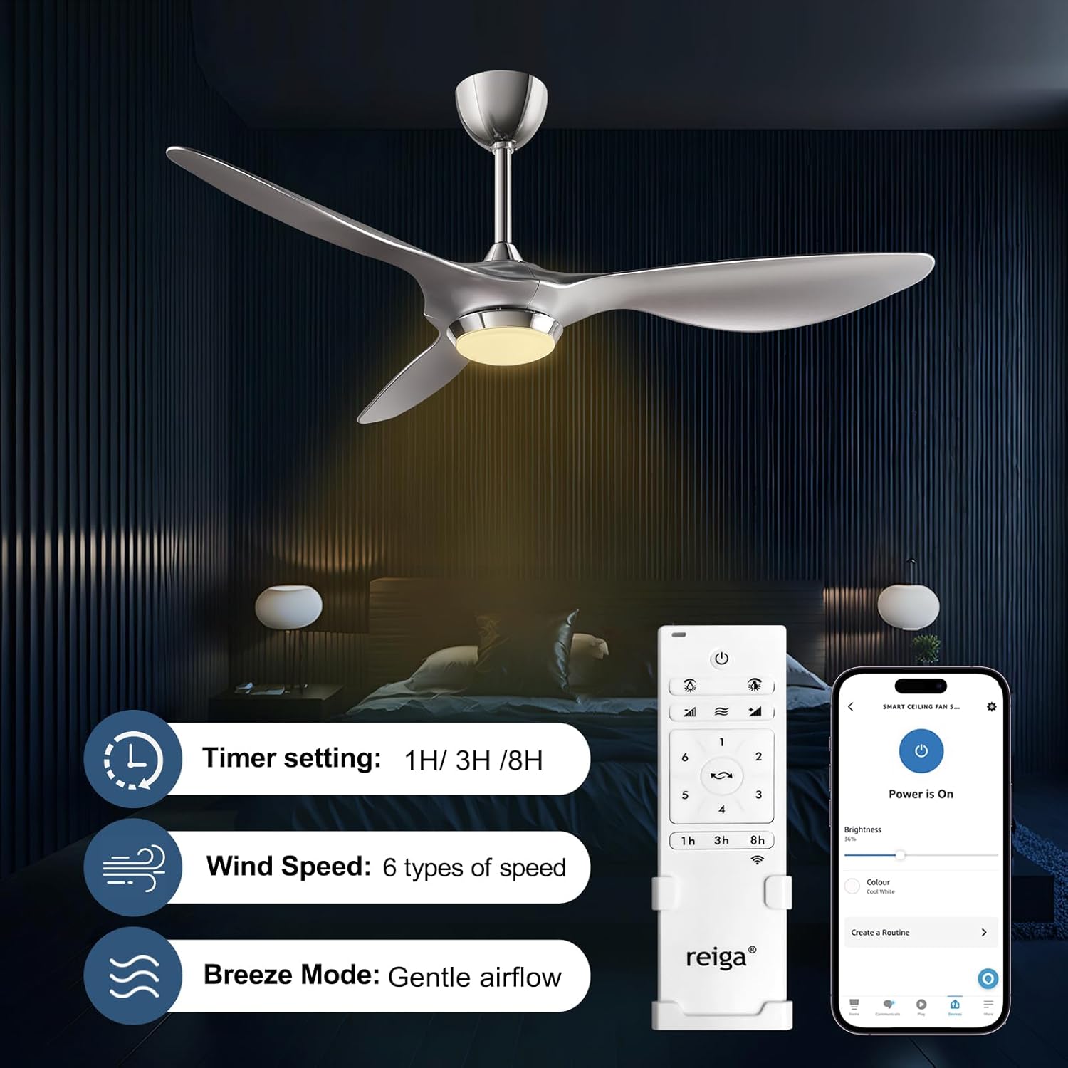 reiga 52 Inch Modern Smart Ceiling Fan with Light and Remote Control, Living Room Bedroom 3 Blade Ceiling Fans with Reversible Quiet DC Motor, Silver