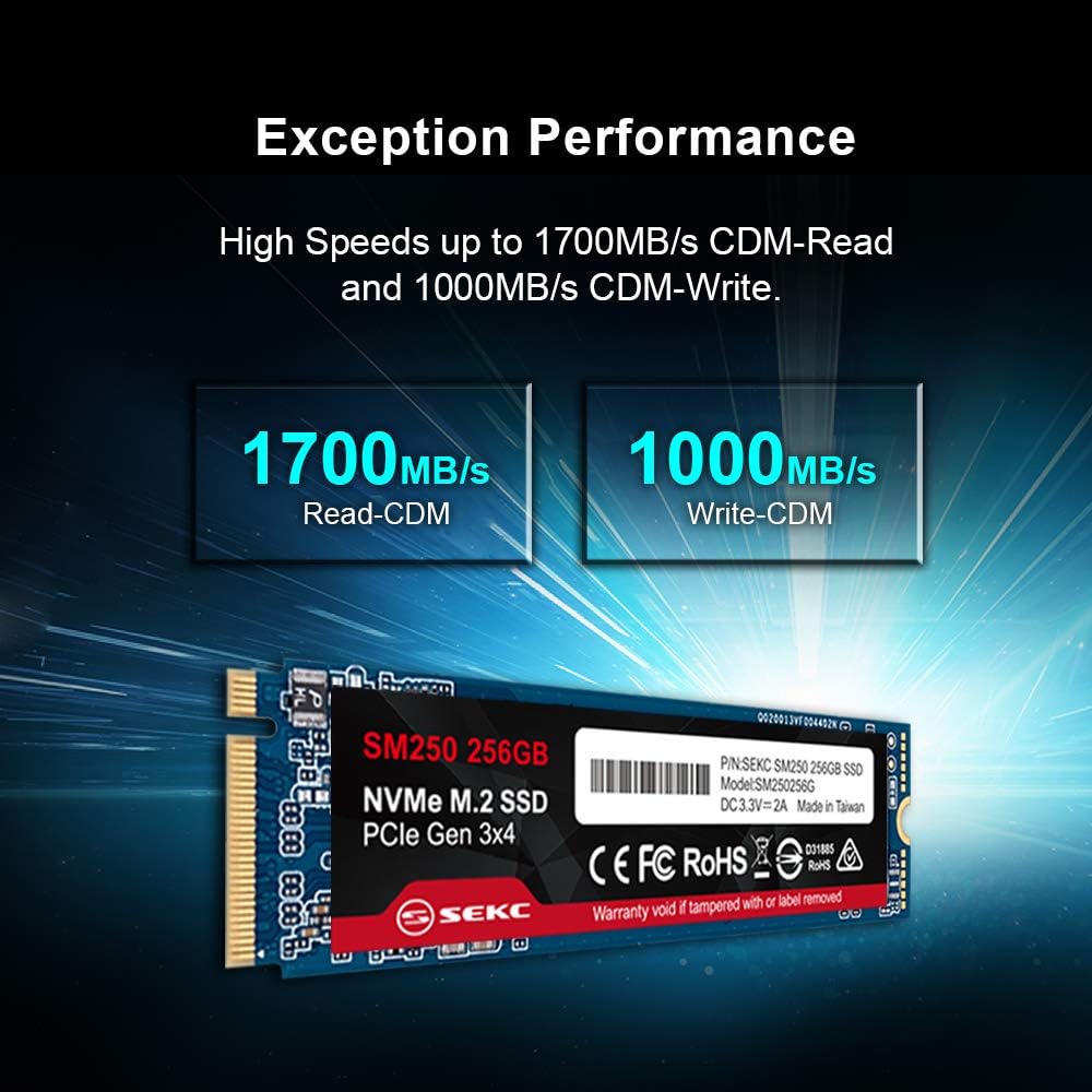 SEKC SM250256G 256GB NVMe M.2 2280 PCIe Gen 3x4, Solid State Drive R/W CDM Up to 1700/1000 MB/s, (Atto) Up to 3300/3100 MB/s, Internal SSD Pack of 2