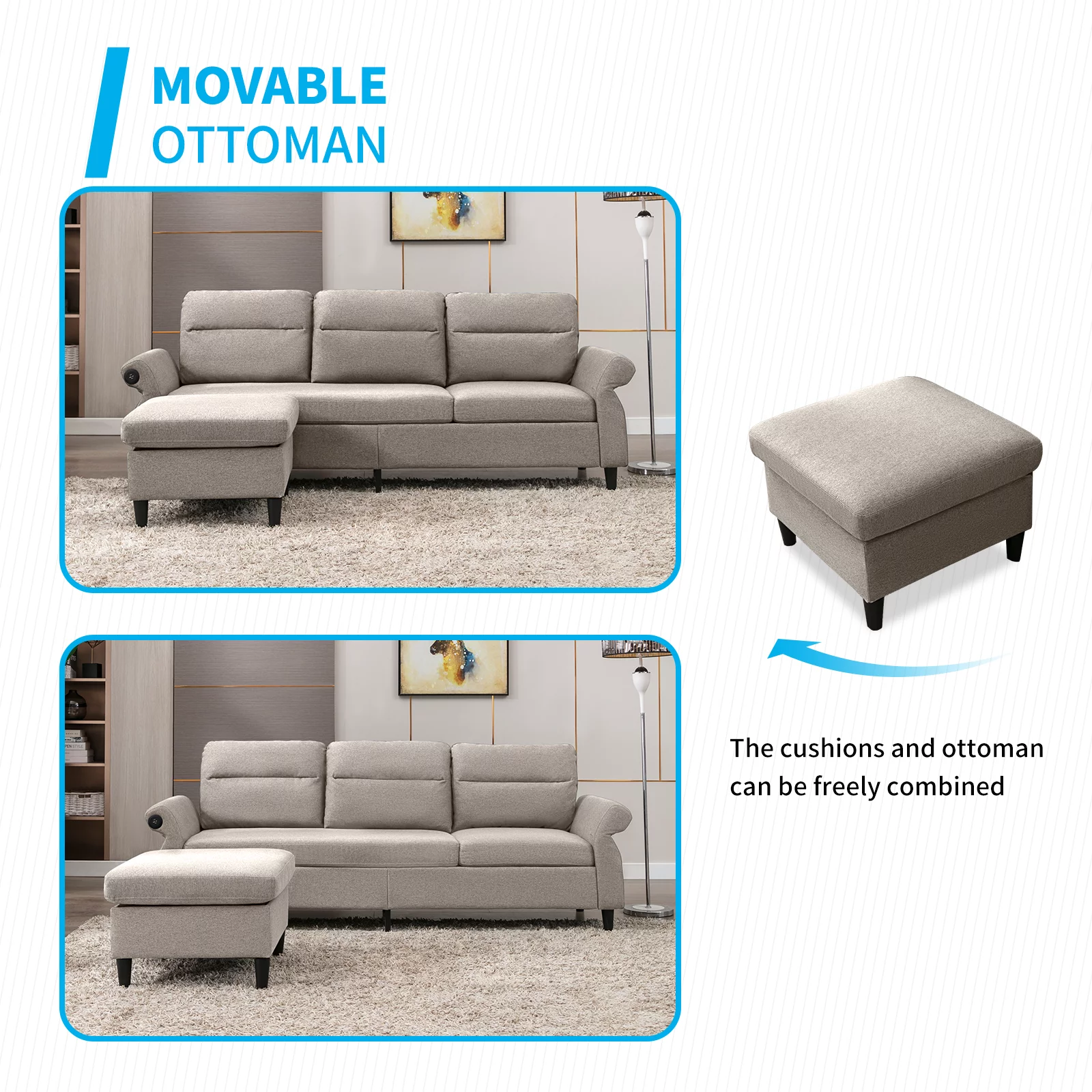 MUZZ Convertible Sectional Sofa Couch, 3 Seat L-Shape Sofa Couch with 2 USB Ports and Adjustable Armrest, Small Reversible Sectional Couches with Ottoman for Living Room, Apartment, Beige