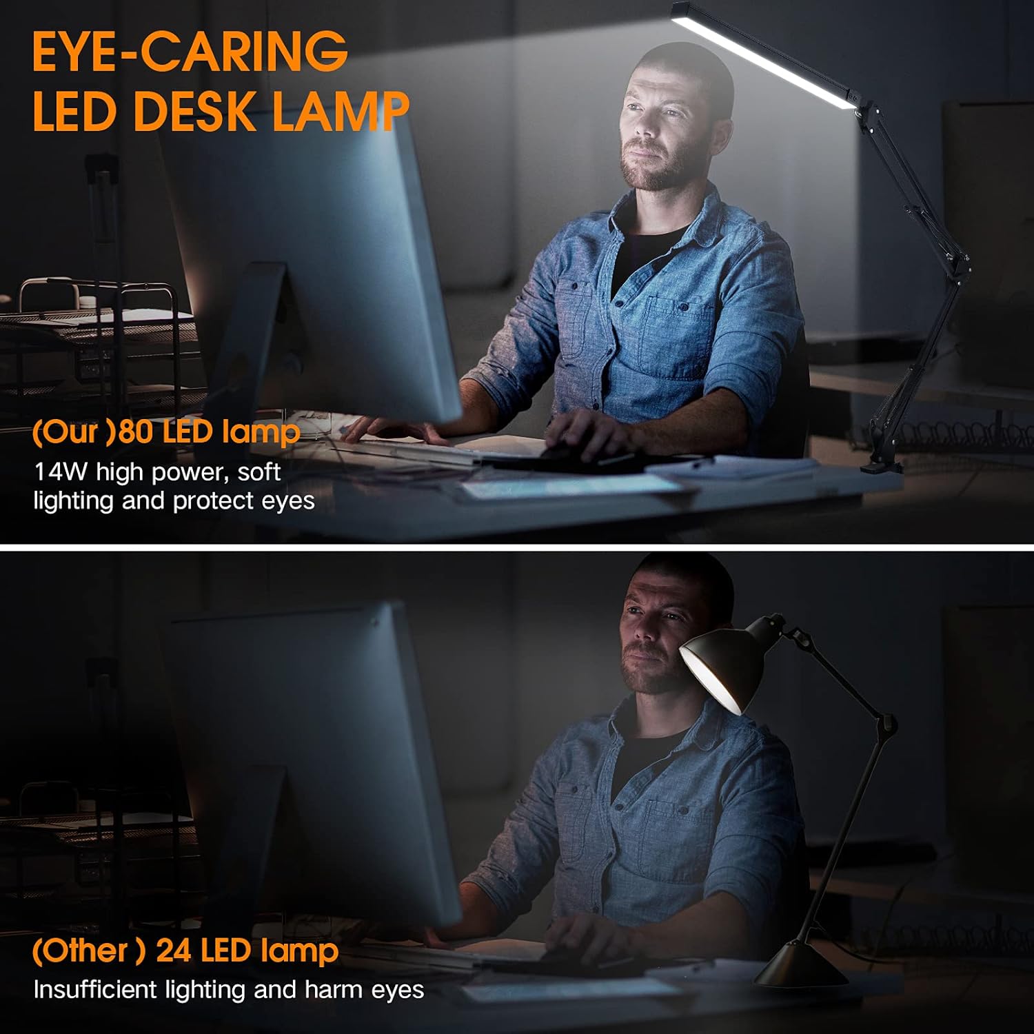 LED Desk Lamp, ENOCH 14W Eye-Caring Metal Swing Arm Desk Lamp with Clamp, 3 Modes, 30 Brightness Dimmable Clamp Desk Light with Memory Function/USB Adapter, Architect Table Desk Lamps for Home Office