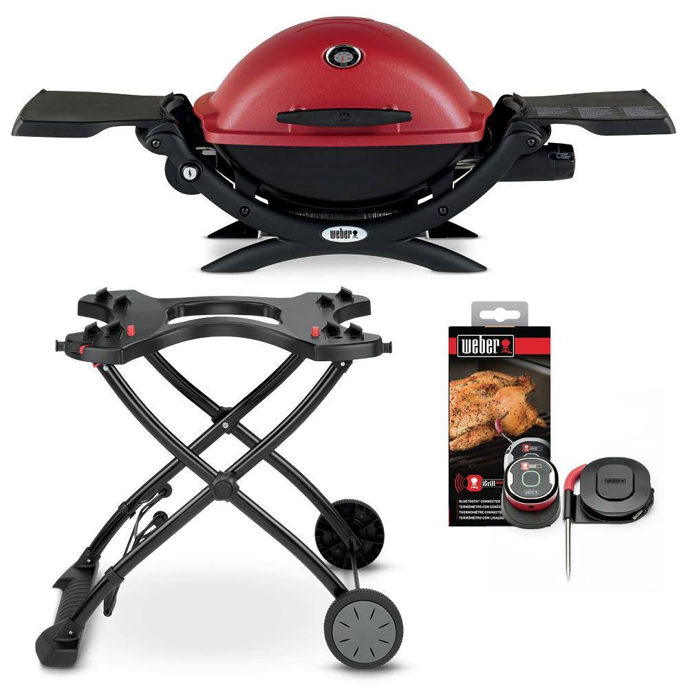 Weber Q 1200 1-Burner Portable Propane Gas Grill Combo in Red with Rolling Cart and iGrill Mini