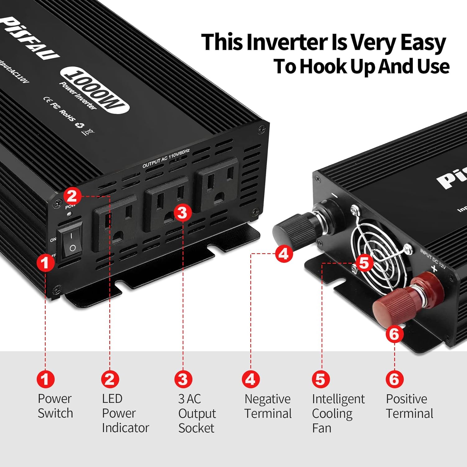 1000W Power Inverter 12V DC to 110V AC Converter with 3 AC Socketsm, Recommended for Camping Outdoor, Truck, Off-Grid Solar Power Inverter 12V to 110V AC Port Battery Inverter