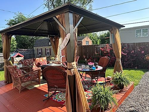 YOLENY 10' x 12' Hardtop Gazebo, Wood-Looking Gazebo with Galvanized Steel Double Roof, Aluminum Frame, Permanent Metal Pavilion with Netting and Curtains for Deck, Backyard, Patio and Lawns