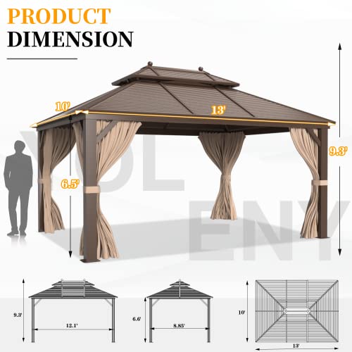 YOLENY 10' x 12' Hardtop Gazebo, Wood-Looking Gazebo with Galvanized Steel Double Roof, Aluminum Frame, Permanent Metal Pavilion with Netting and Curtains for Deck, Backyard, Patio and Lawns