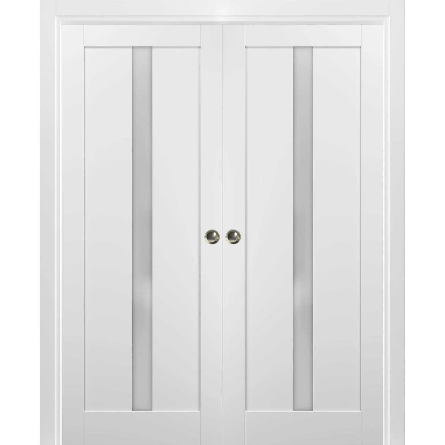 French Double Pocket Doors 36 x 80 with Frames | Quadro 4112 White Silk with Frosted Opaque Glass | Kit Trims Rail Hardware | Solid Wood Interior Pantry Kitchen Bedroom Sliding Closet Sturdy Door