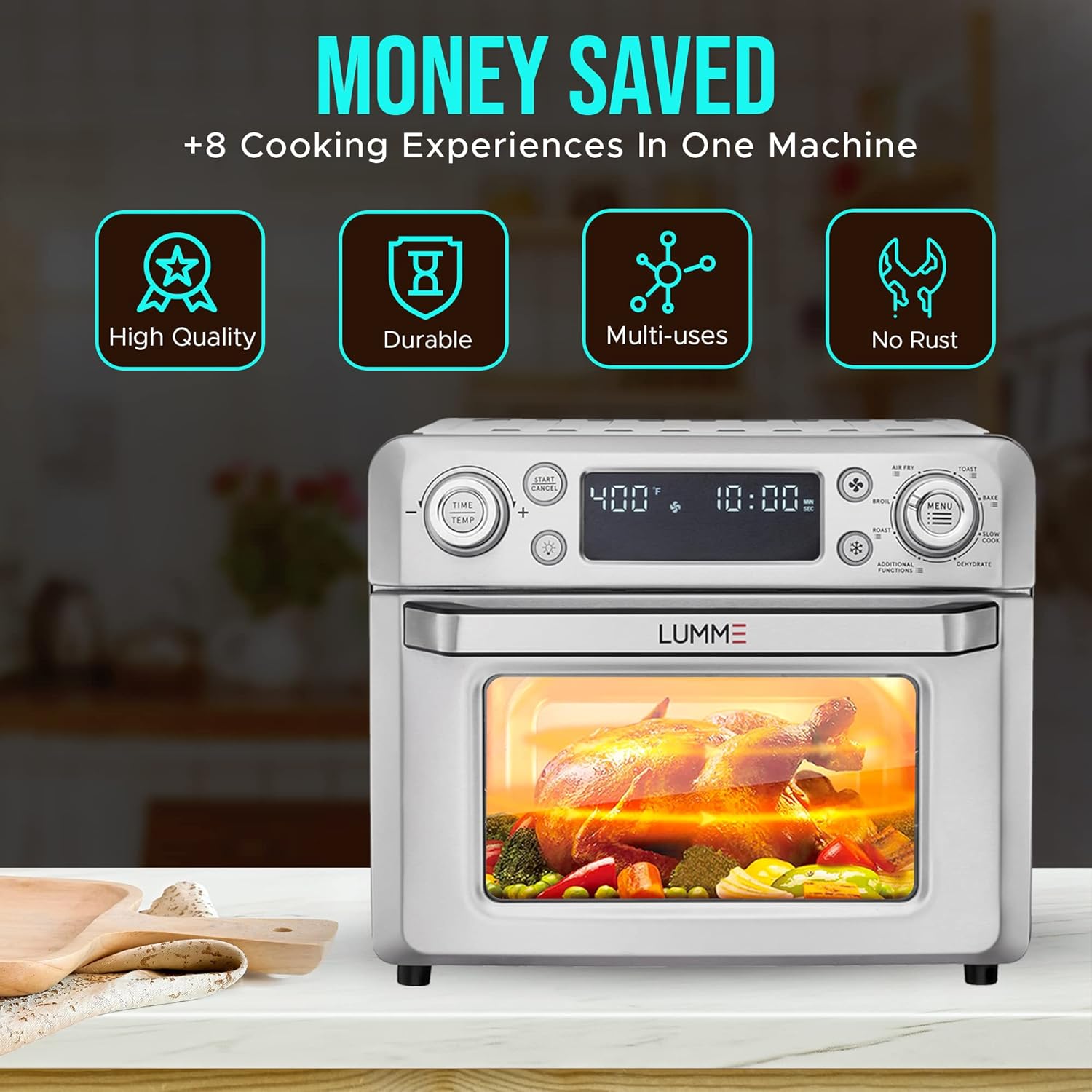 Lumme Air Fryer, Toaster Oven, and Dehydrator Multifunction Air Fryer Countertop 4 in 1 Air Fryer Stainless Steel 20L Large Capacity Accessories Included
