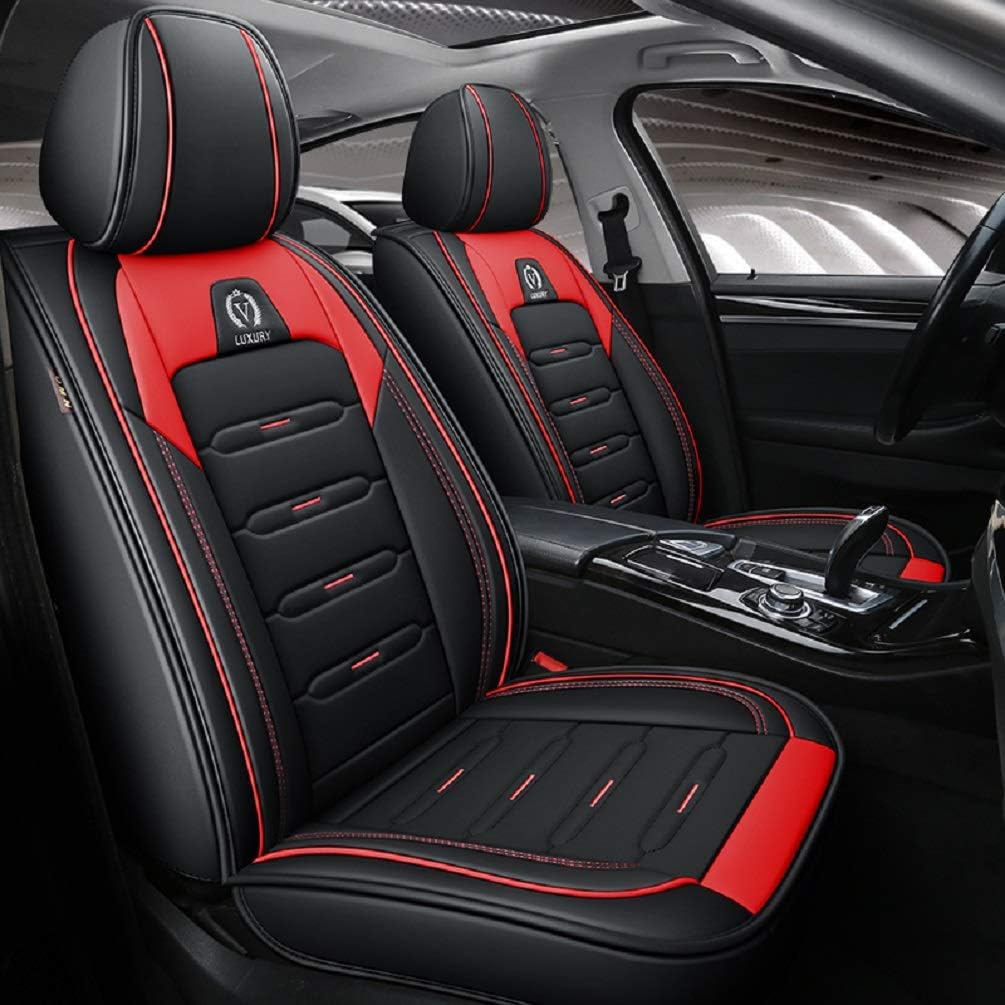 Youth Faction Luxury Leather Car Seat Covers 5 Seats Full Set Universal Fit (Black-red)