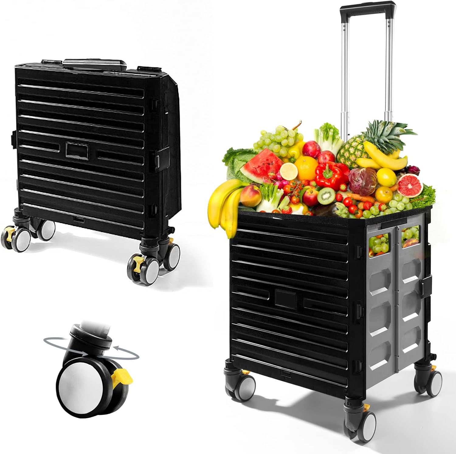 Foldable Rolling Cart with 4 Rotate Wheels, Folding Rolling Crate for Teachers Carrying File, Heavy Duty Collapsible Utility Cart with Telescoping Handle, Shopping Carts for Groceries Handcart Green
