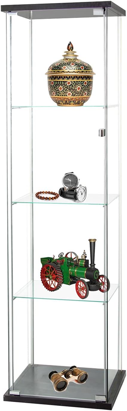 SSLine Modern Glass Display Cabinet Floor Standing Curio Showcase Cabinet with Door 4-Tier Clear Tempered Glass Display Shelf Organizer for Home Office Living Room Bedroom -Clear&Black Wood