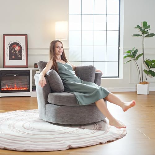 Chair and A Half with Ottoman, 360° Swivel Accent Barrel Chair Modern Comfy Round Reading Sofa Swivel Chairs Circle Lounge Chair for Bedroom Living Room w/4 Pillow Lower Seating Heigh (White, Large)