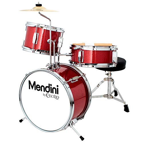 Mendini By Cecilio Kids Drum Set, 3 Piece Junior Drum Set for Beginners with Bass Tom Snare Drum, 16 inch Drum Kit with Snare, Cymbal, Drumsticks, Adjustable Seat (Metallic Red)
