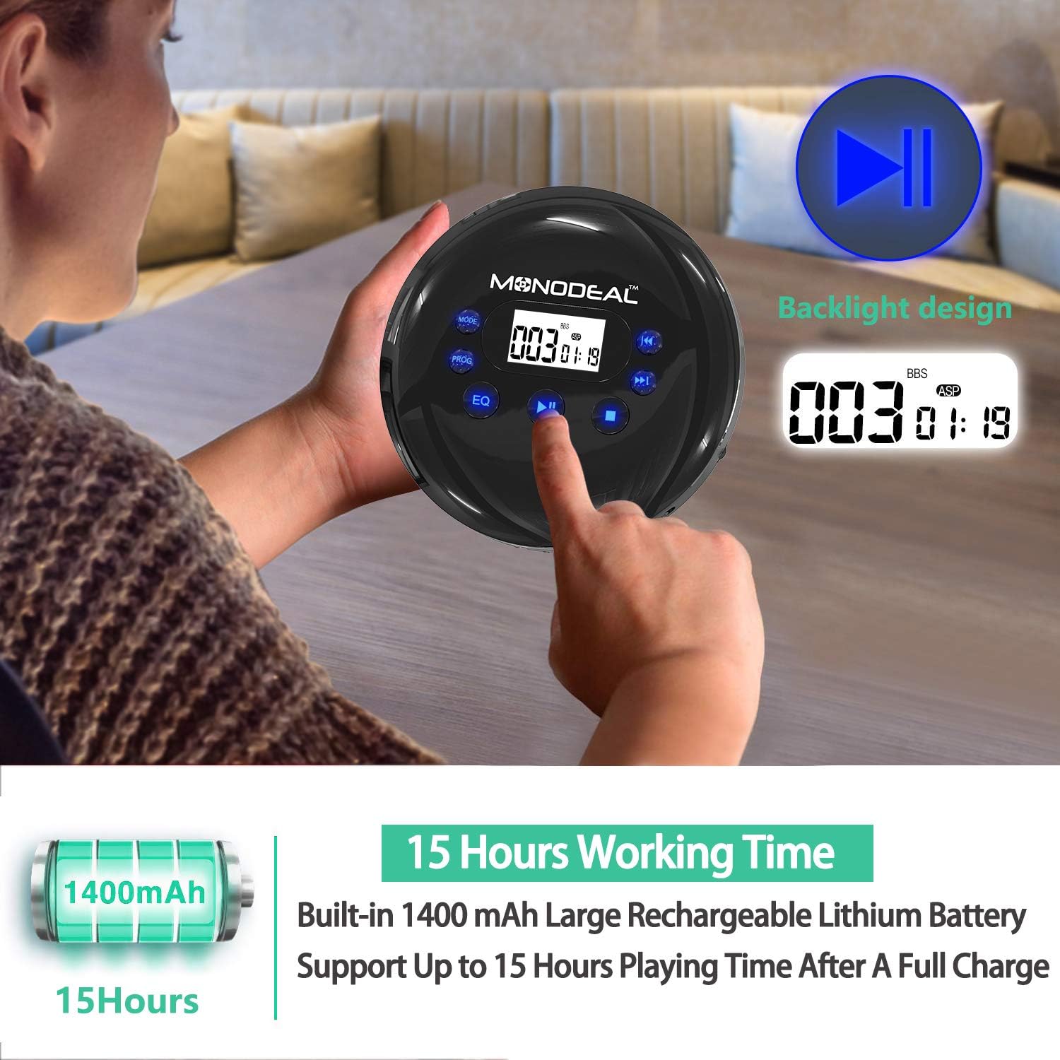Portable CD Player, MONODEAL Rechargeable Personal Compact Disc CD Player with Headphones, Anti-Skip Small Walkman Music CD Player for Cars Adults Kids Students (with Larger LCD Display)