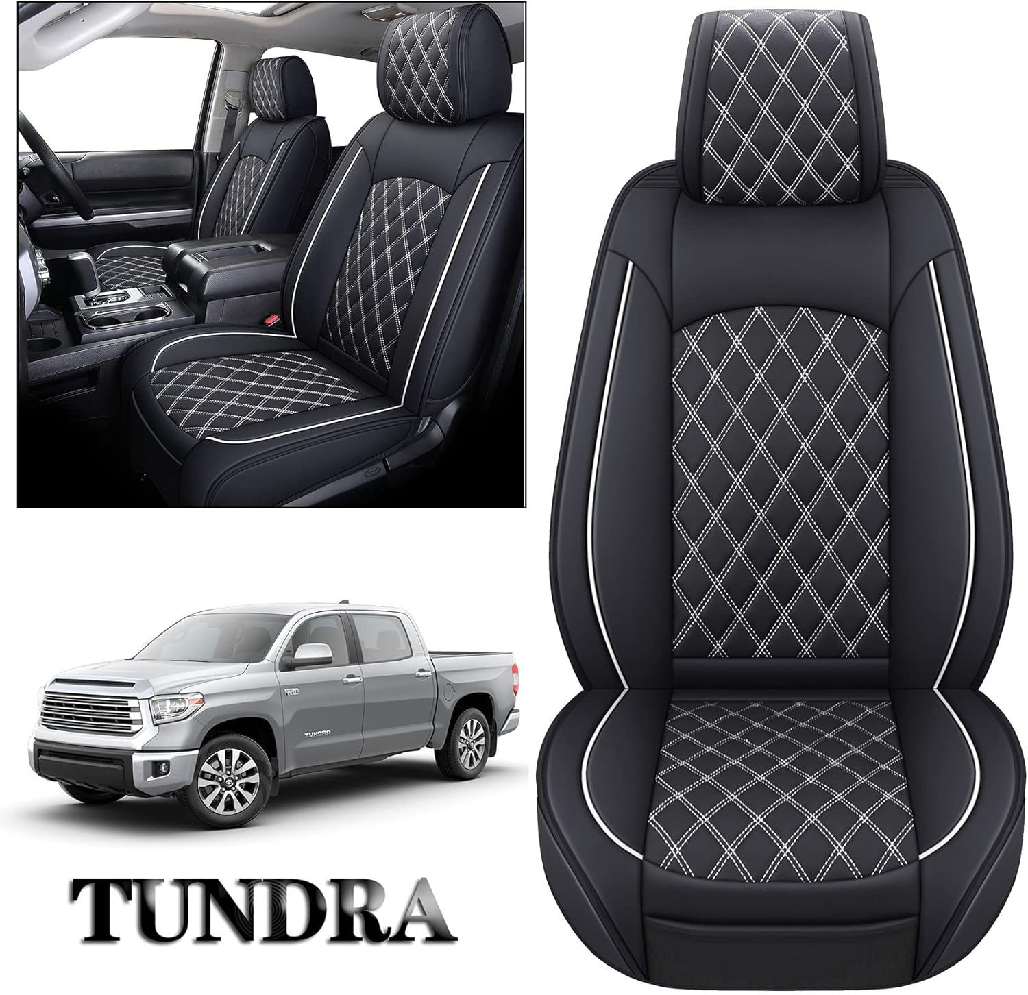 YIERTAI Seat Covers for Toyota Tundra Truck Custom Fit 2008-2022 Crewmax Double Cab Crew Cab Waterproof Leather Airbag Compatible Cushions(2 PCS Front only/Black-White)