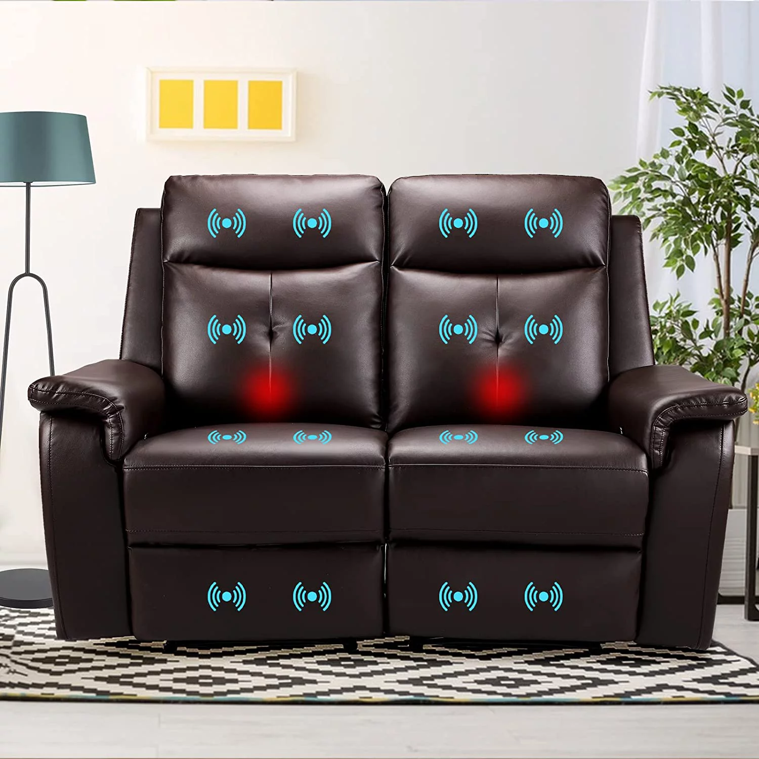 PU Leather Reclining Sofa - Manual Double Recliner Loveseat with Massage & Heating - 2-Seater Home Theater Seating for Living Room, Reading Room, Bedroom (Brown)