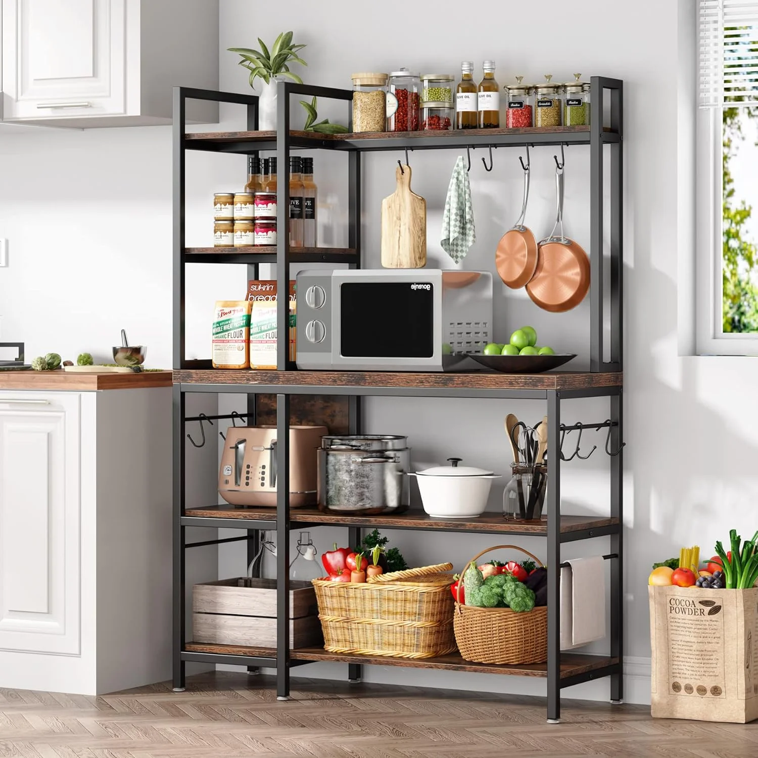 Bakers Rack with Storage for Kitchen 43 Inch Wide Large Racks Shelves, 5-Tier Tall Utility Shelves Organizers and 10 Hooks - Curated Treasures Market