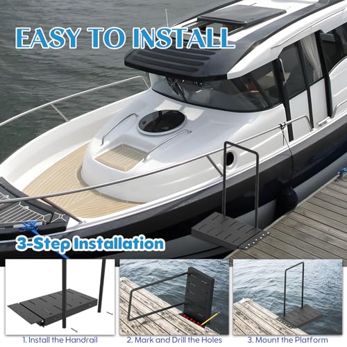 Boat Boarding Platform, Metal Dock Extension with Safety Handrail, Powder-Coated Dock Boarding Step for Easy Access to Boats, Black Dock Boarding Platform Features a 500Lb Capacity