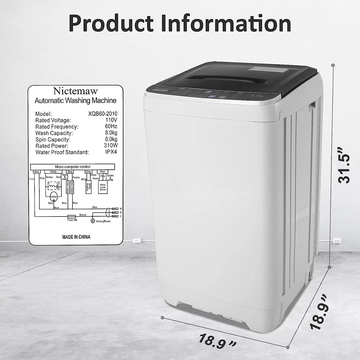 Qhomic Compact Washing Machine, 17.6lbs Capacity, 1.9 Cu.ft Portable Washer with LED Display and Faucet Adapter, Fully Automatic Washing Machine with Timed Settings, Perfect for Apartments, Dorms, Rv