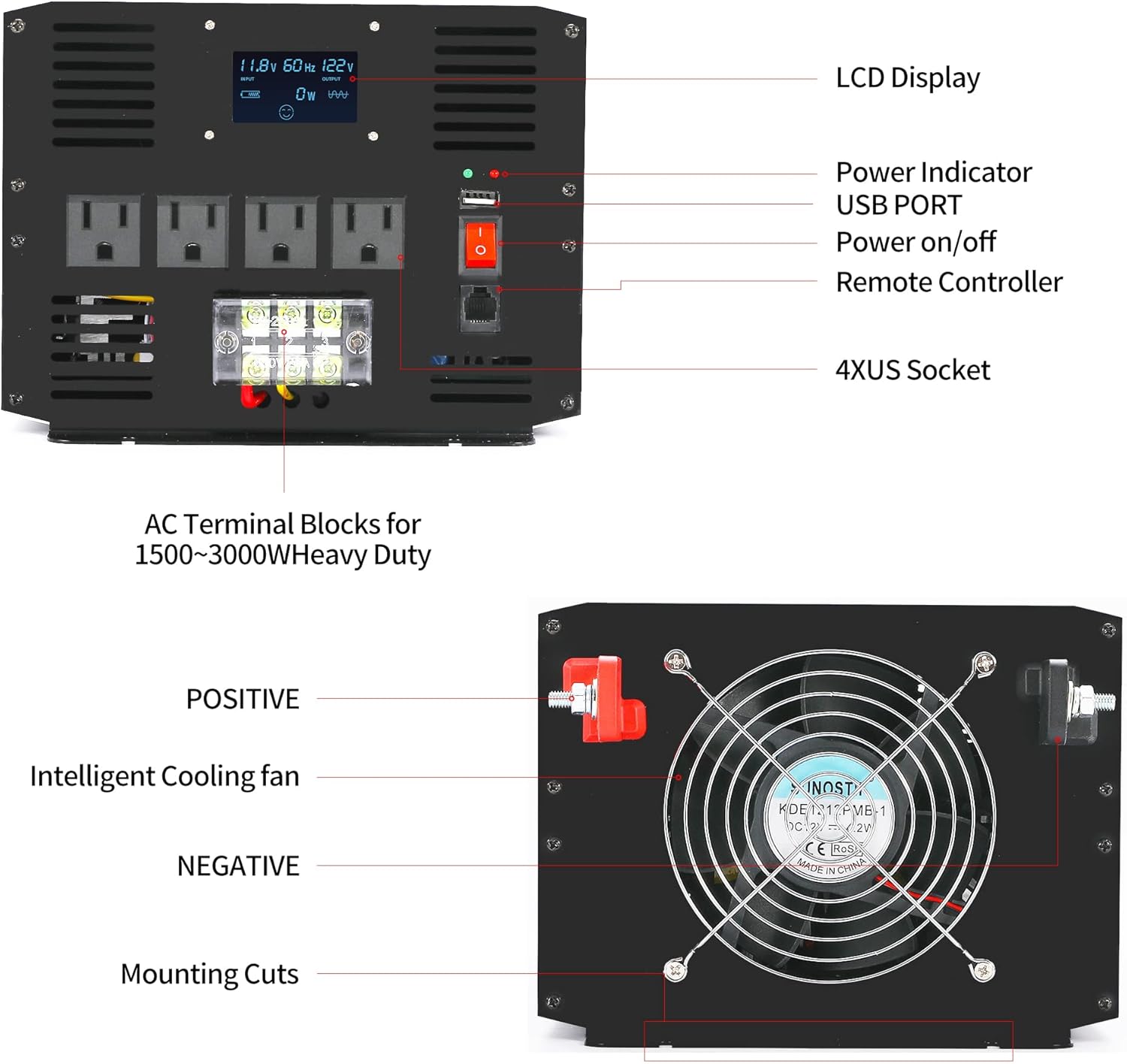 Power Inverter, 2000W Pure Sine Wave Inverter DC 12V to AC 120V Car Inverter with LCD Digital Display Remote Control USB Port Power Converter for Travel/Camping